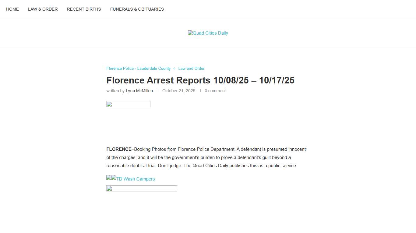 Florence Arrest Reports 10/08/25 – 10/17/25 – Quad Cities Daily