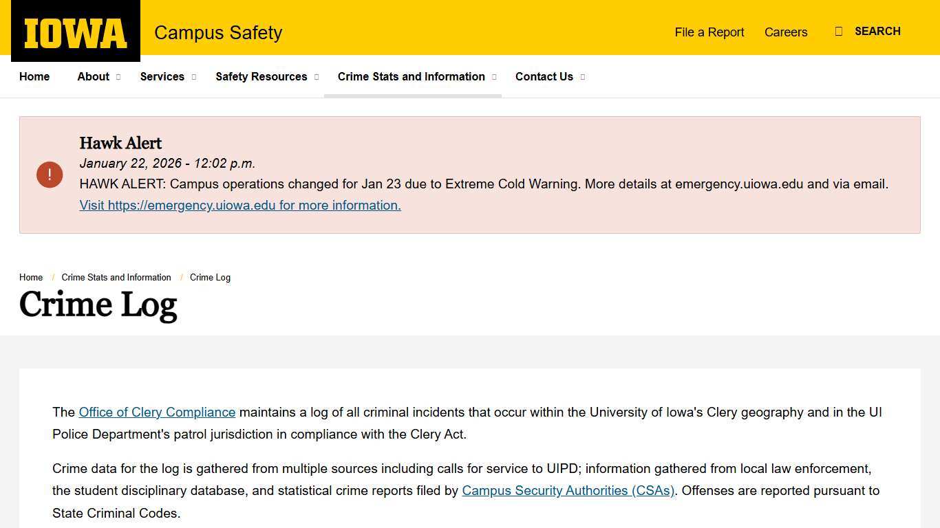 Crime Log Campus Safety - The University of Iowa